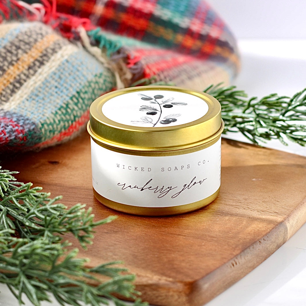 Cranberry Glow Soy Candle | Gold Tin Winter Candle