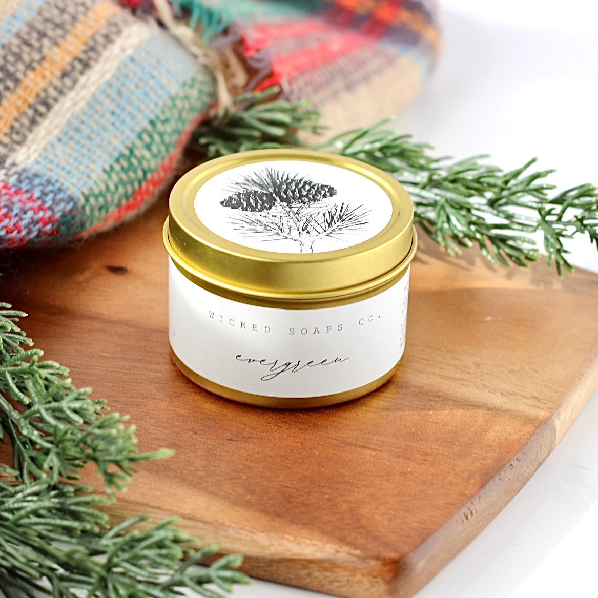 Evergreen Soy Candle | Gold Tin Winter Candle