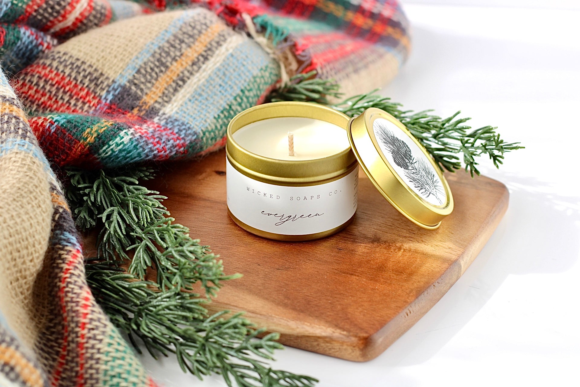Evergreen Soy Candle | Gold Tin Winter Candle