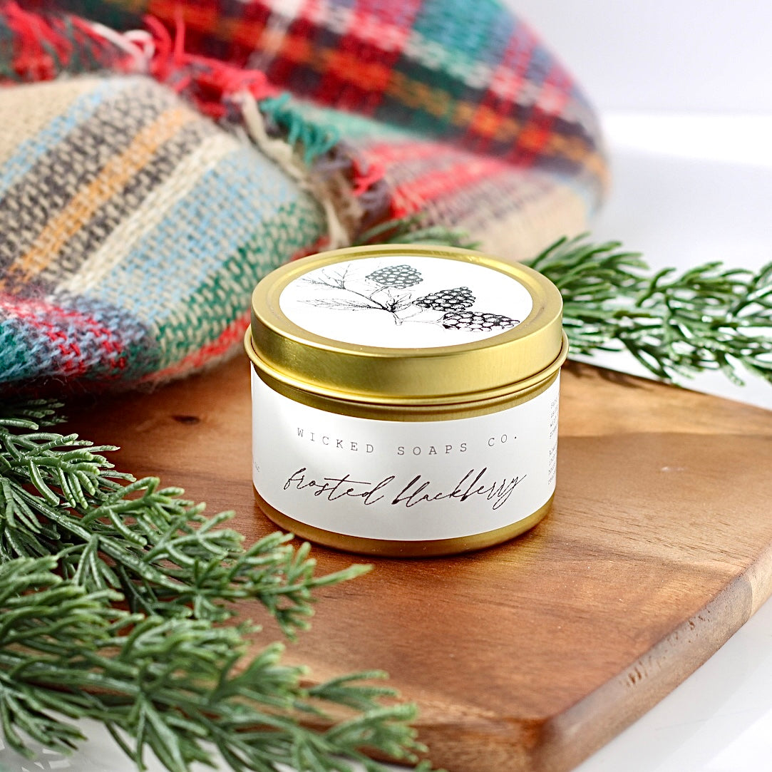 Frosted Blackberry Soy Candle |Gold Tin Winter Candle