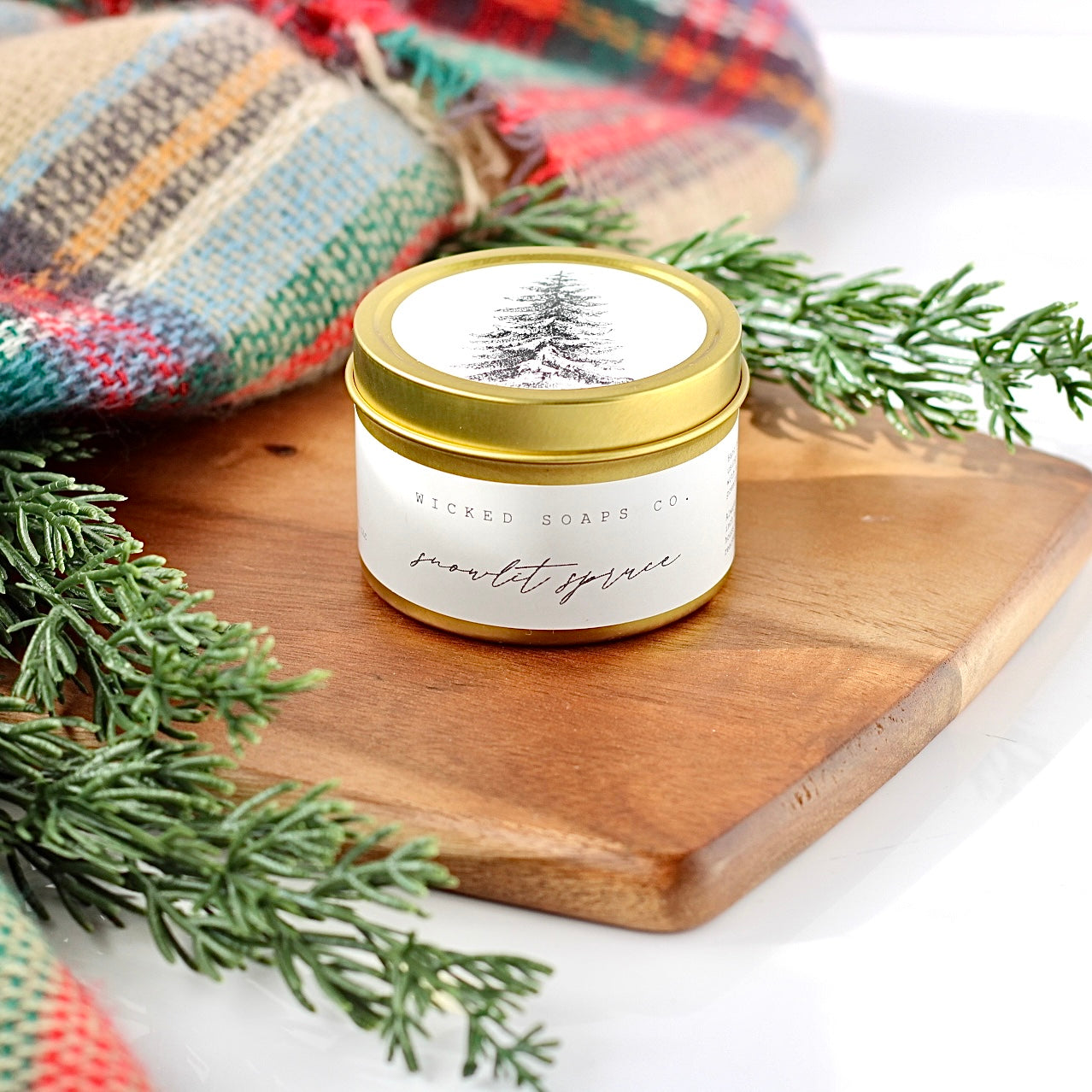 Snowlit Spruce Soy Candle | Gold Tin Winter Candle