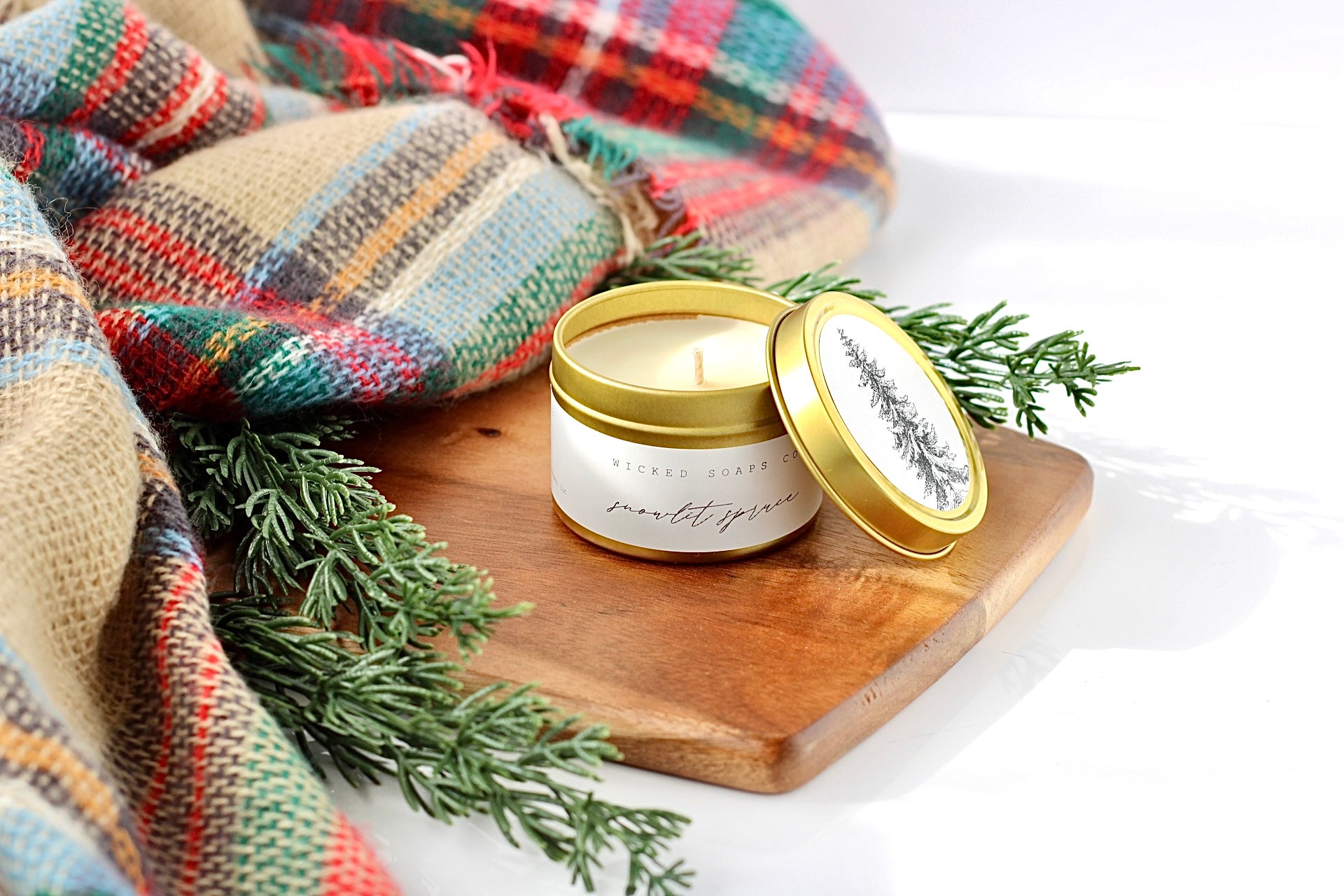 Snowlit Spruce Soy Candle | Gold Tin Winter Candle