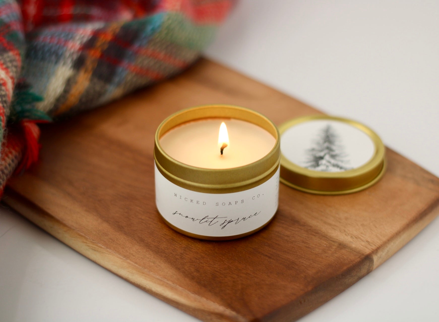 Snowlit Spruce Soy Candle | Gold Tin Winter Candle